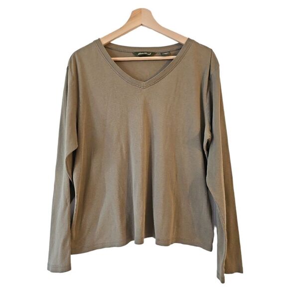 Eddie Bauer Women's V Neck Long Sleeve Shirt Pure Cotton Olive Green Size XL - Picture 1 of 8